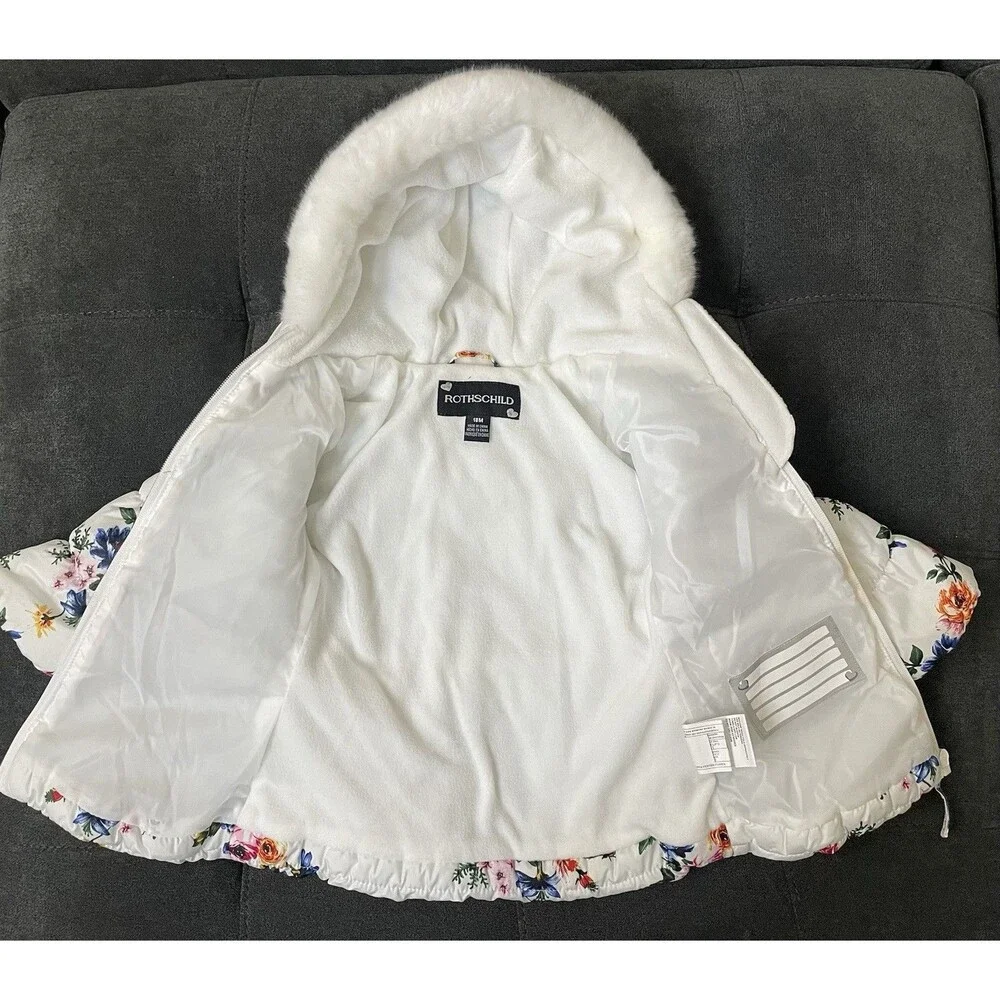 Rothschild 18M Floral Hooded Puffer Coat Warm Fleece Lined, Mittens Attatched
